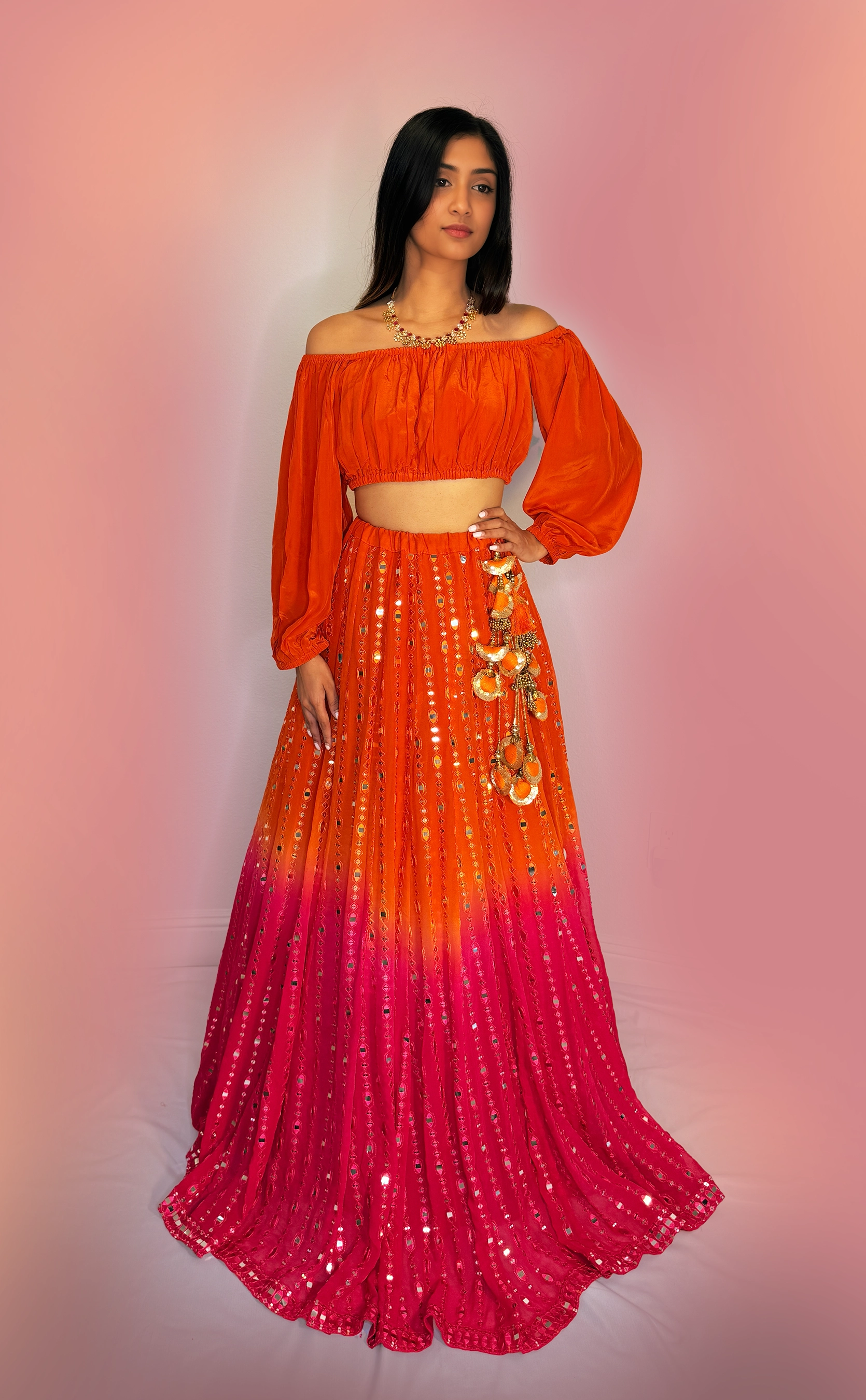 orange and pink indian dress Embroidered Georgette Abaya Style Suit in Pink and Orange