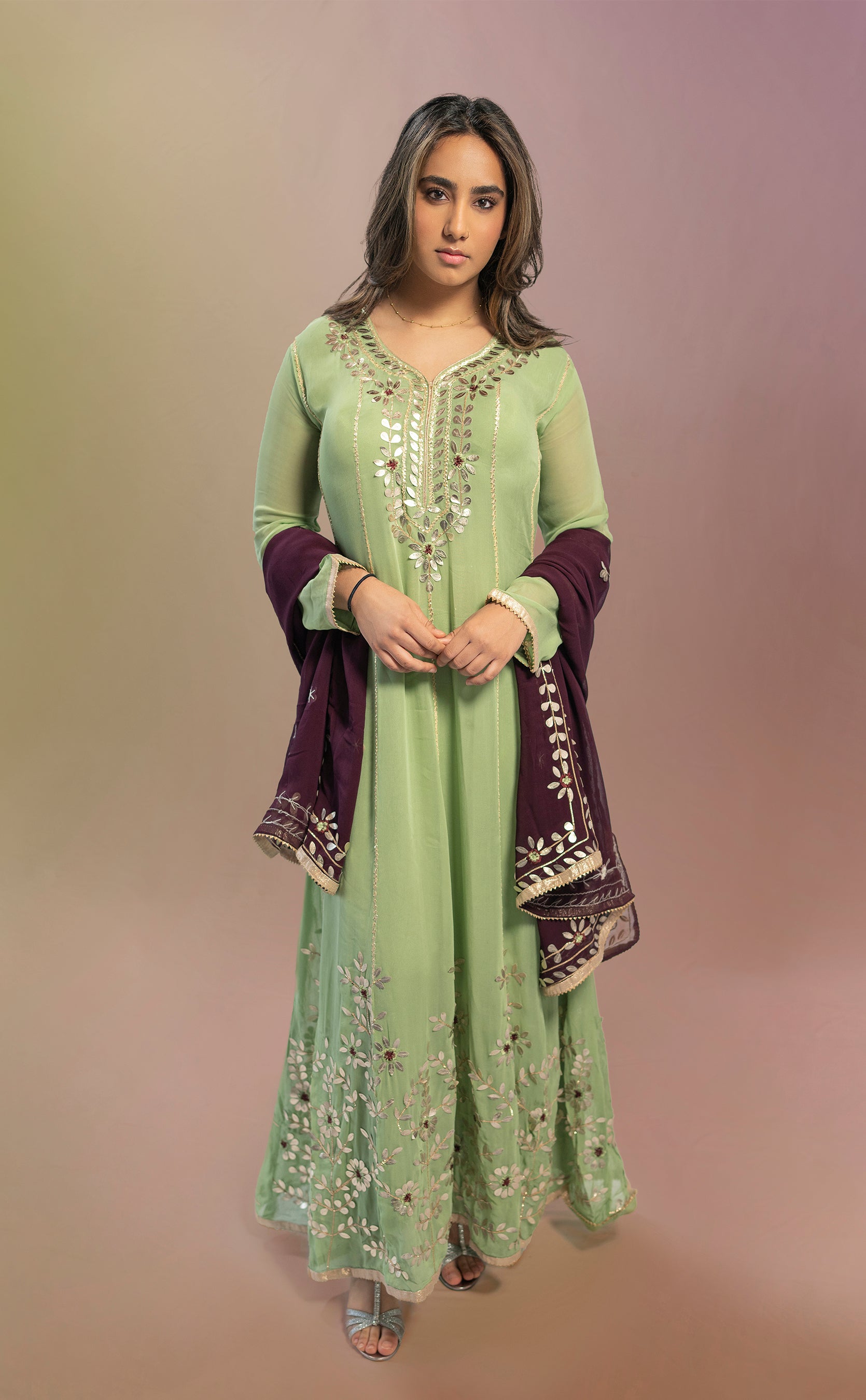 Jade Joy XL - Green Anarkali Gown Indo Western Dress for Rent with Contrasting Wine Color Dupatta - Rent Designer Clothes Jade Joy XL - Green Anarkali Gown Indo Western Dress for Rent with Contrasting Wine Color Dupatta - Rent Designer Clothes