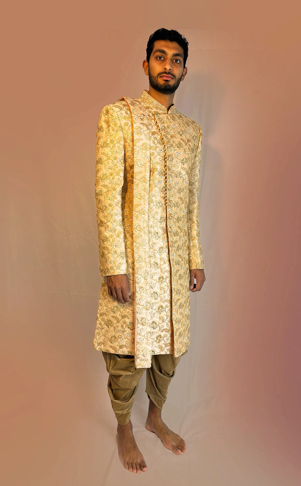 Peachy Pink Heavy Sherwani with Stole | Marigold - An Indian Clothing Rental Company