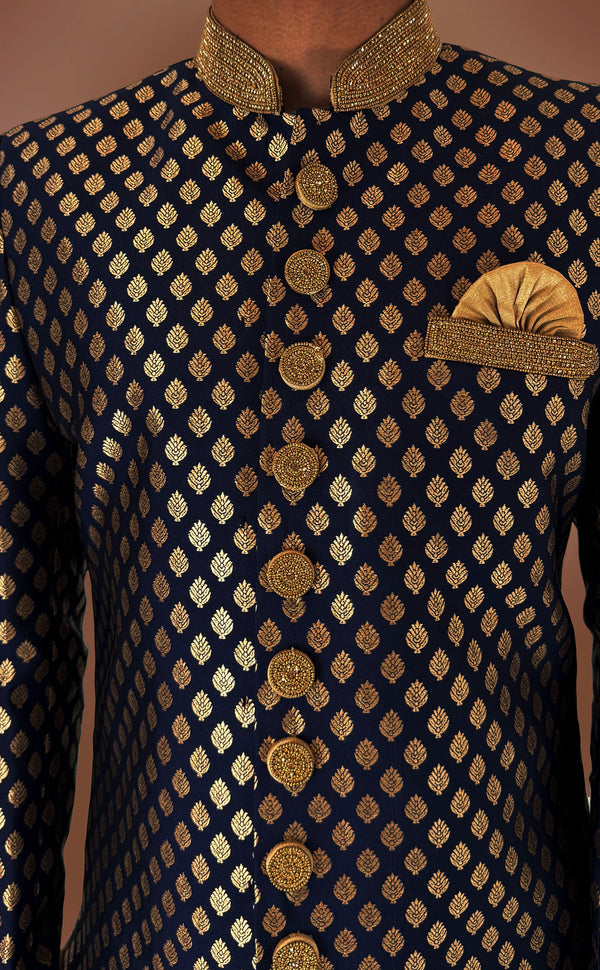 Black Brocade Sherwani Set | Marigold - An Indian Clothing Rental Company