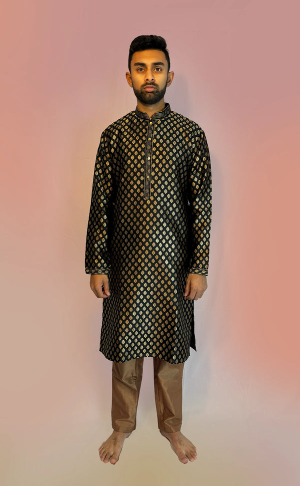 Black Brocade Kurta Set | Marigold - An Indian Clothing Rental Company