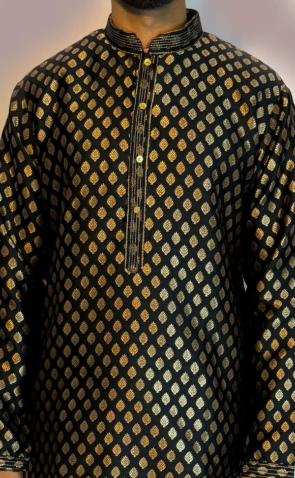 Black Brocade Kurta Set | Marigold - An Indian Clothing Rental Company