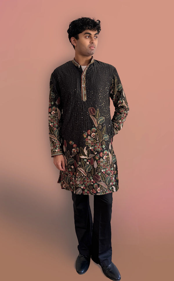 Black Sequin and Embroidered Kurta Set