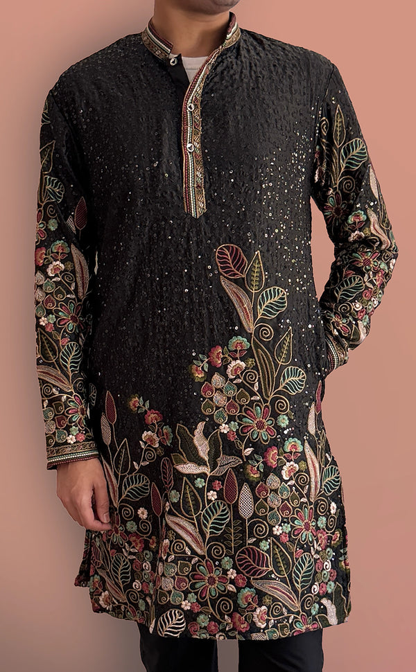 Black Sequin and Embroidered Kurta Set