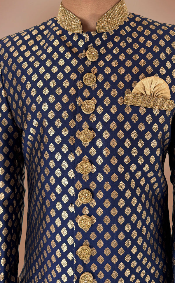 Navy Brocade Sherwani Set | Marigold - An Indian Clothing Rental Company