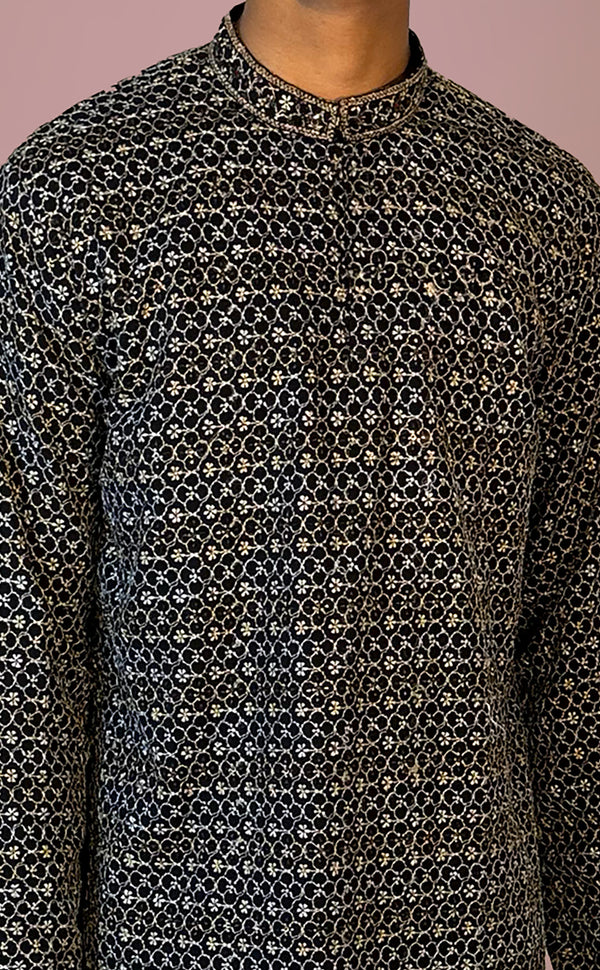 Black with Silver & Gold Threadwork Kurta Set | Marigold - An Indian Clothing Rental Company