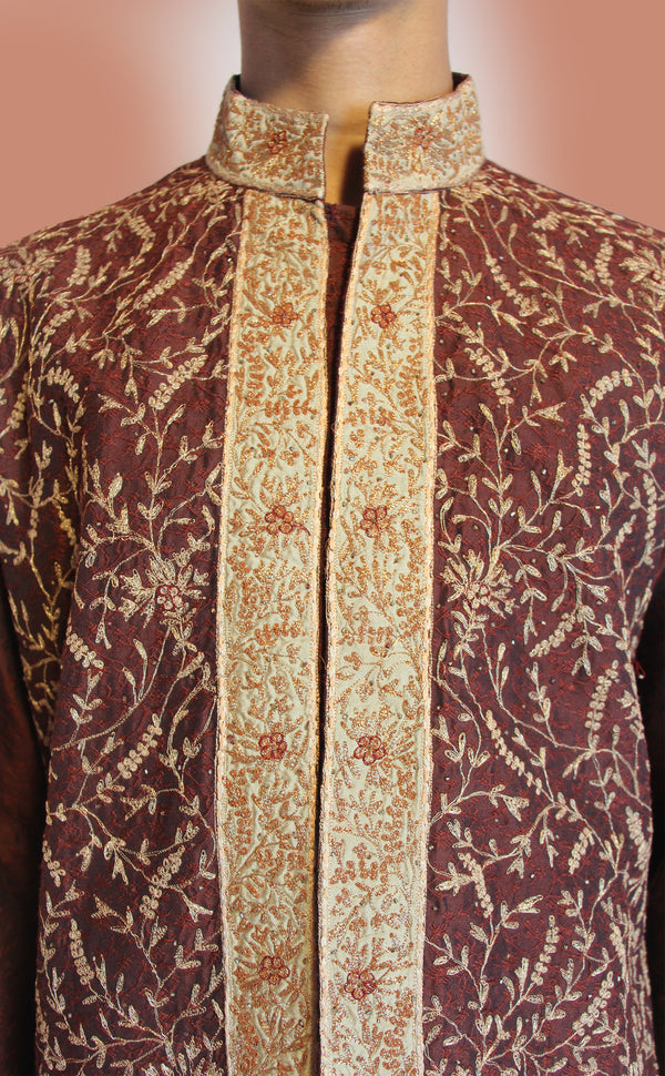 Burgundy & Gold Sherwani | Marigold - An Indian Clothing Rental Company