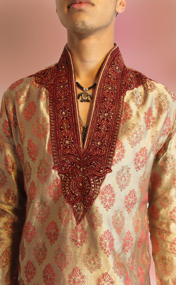 Gold & Maroon Embroidered Kurta Set | Marigold - An Indian Clothing Rental Company