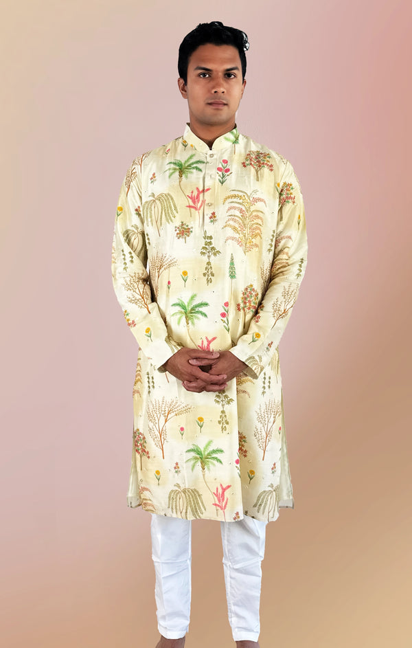Ivory Printed Kurta Set with Mirror Work | Marigold - An Indian Clothing Rental Company
