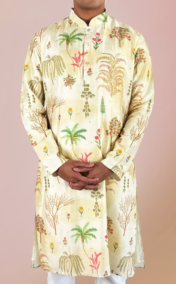 Ivory Printed Kurta Set with Mirror Work | Marigold - An Indian Clothing Rental Company