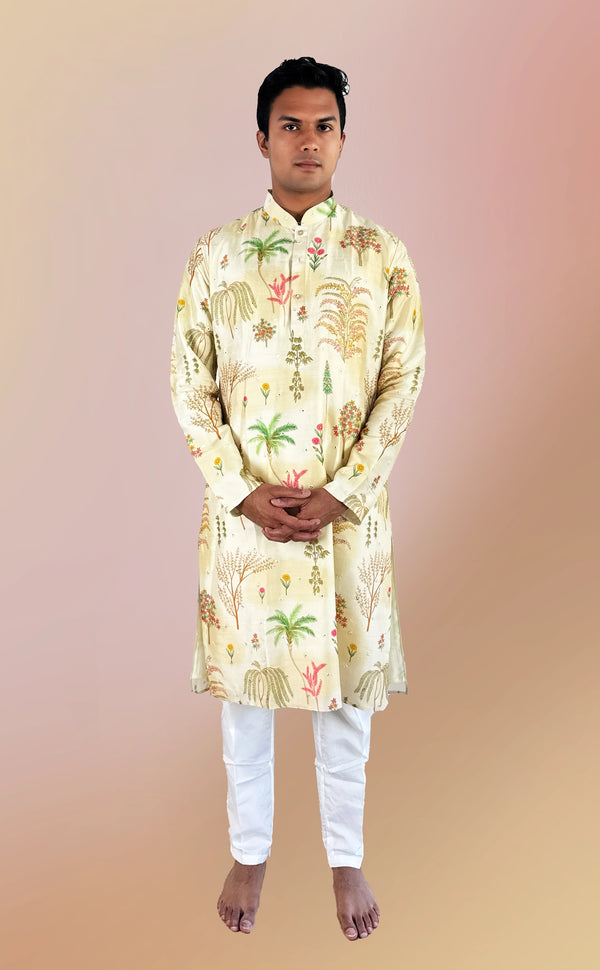Ivory Printed Kurta Set with Mirror Work | Marigold - An Indian Clothing Rental Company