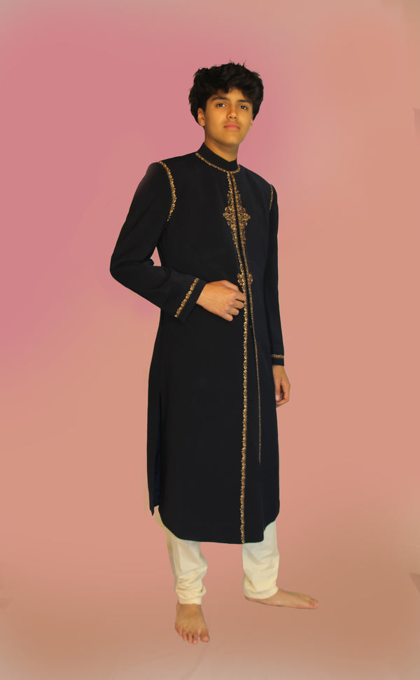 Navy Blue Sherwani with Beige Embroidery | Marigold - An Indian Clothing Rental Company