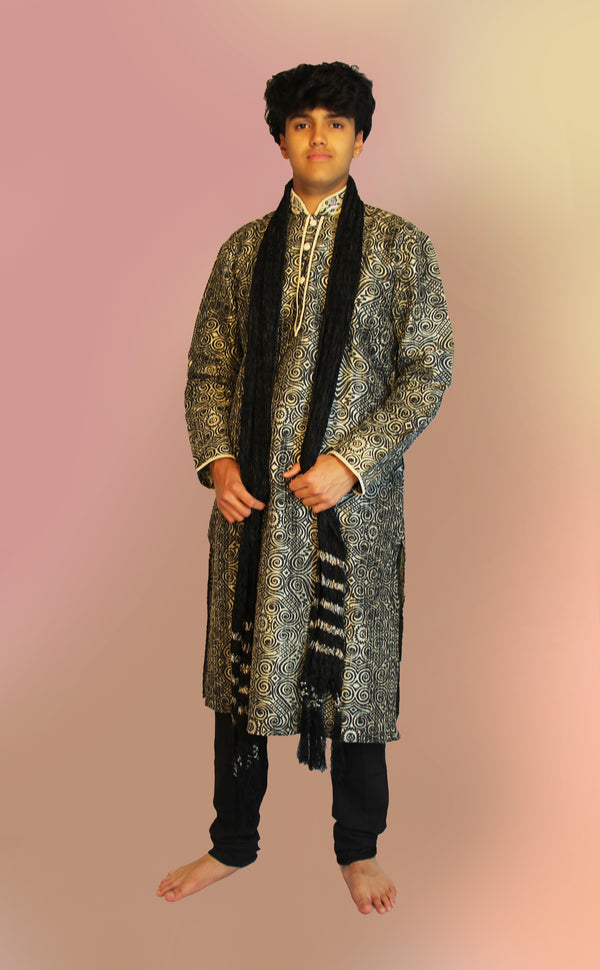Black and Ivory Printed Kurta Set | Marigold - An Indian Clothing Rental Company