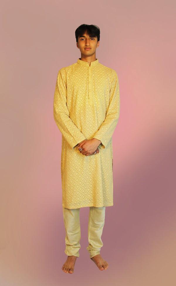 Beige Chikenkari Kurta Set | Marigold - An Indian Clothing Rental Company