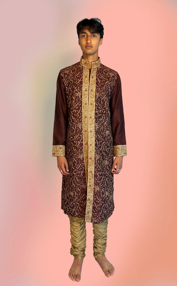 Burgundy & Gold Sherwani | Marigold - An Indian Clothing Rental Company
