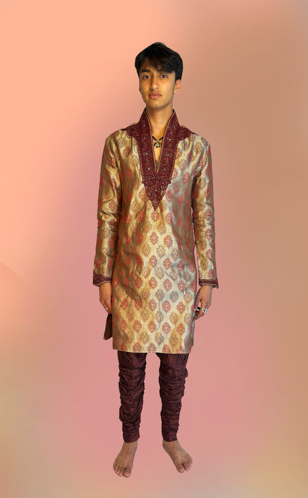 Gold & Maroon Embroidered Kurta Set | Marigold - An Indian Clothing Rental Company