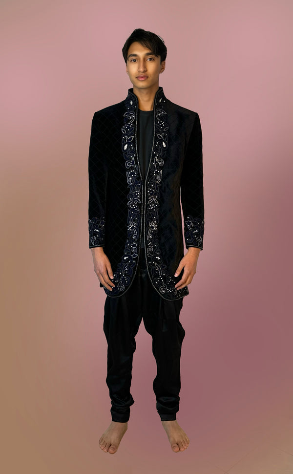 Black Velvet Sherwani with Jardosi Silver Work | Marigold - An Indian Clothing Rental Company