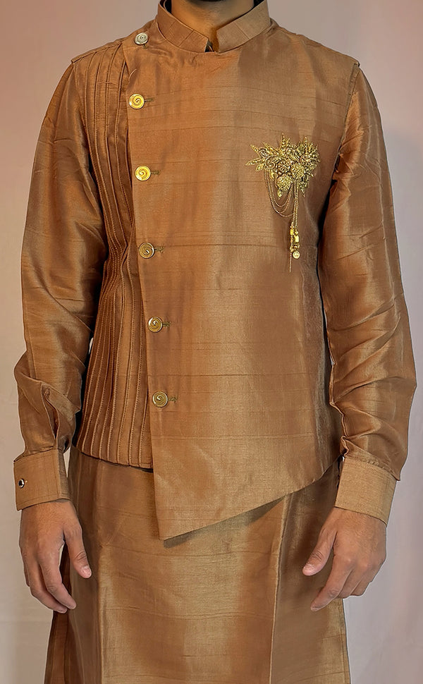 Gold Indowestern Kurta Set With Vest | Marigold - An Indian Clothing Rental Company
