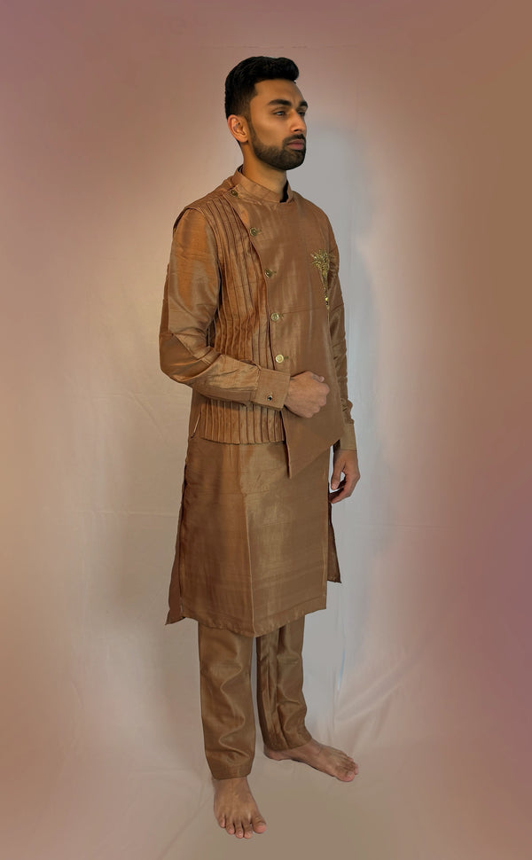 Gold Indowestern Kurta Set With Vest | Marigold - An Indian Clothing Rental Company