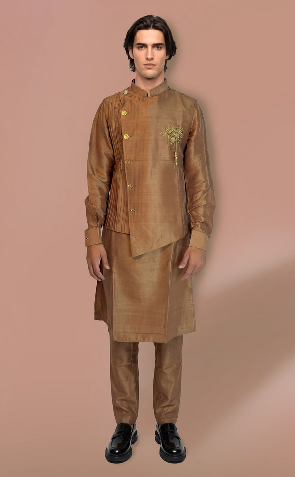 Gold Indowestern Kurta Set With Vest