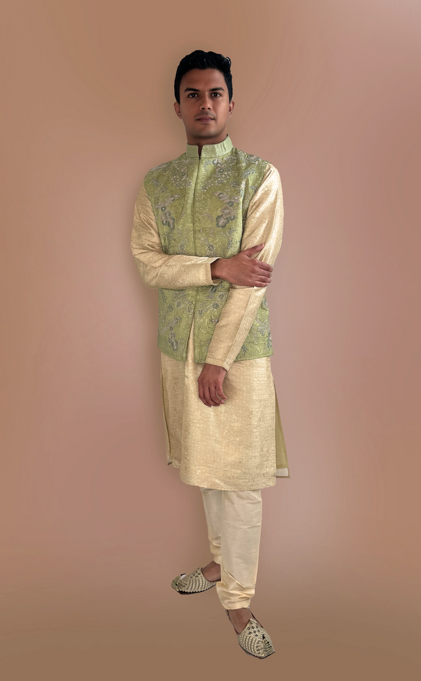 Golden Silk Kurta Set with Vest | Marigold - An Indian Clothing Rental Company