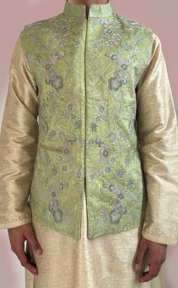 Golden Silk Kurta Set with Vest | Marigold - An Indian Clothing Rental Company