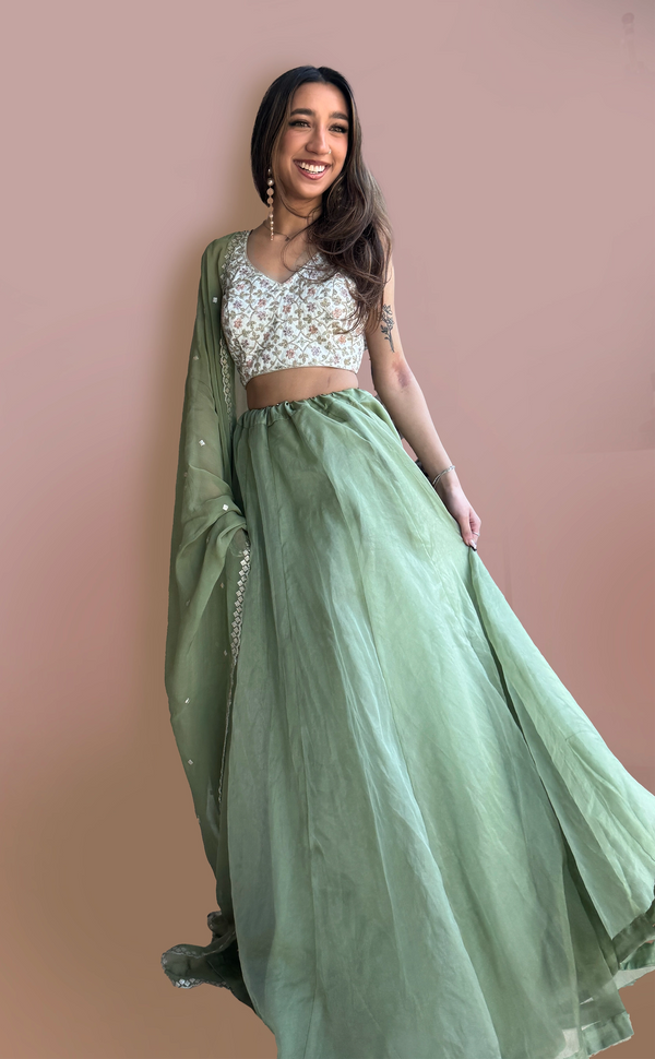 Sage Green  Bridesmaid Lehengas | Marigold - An Indian Clothing Rental Company