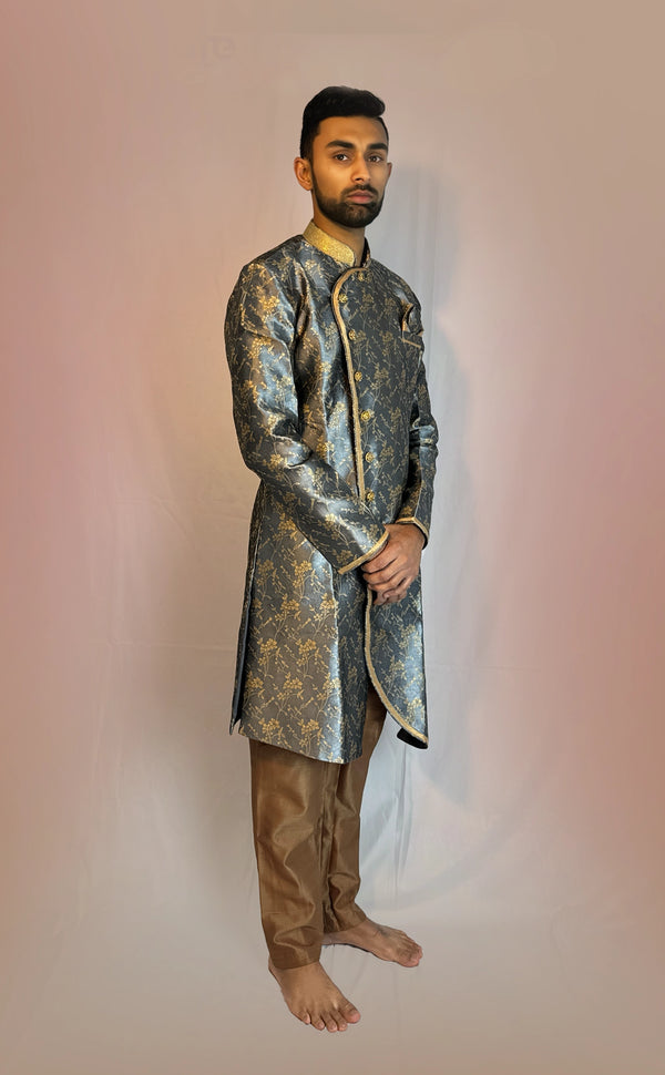 Grey Floral Indowestern Kurta Set | Marigold - An Indian Clothing Rental Company