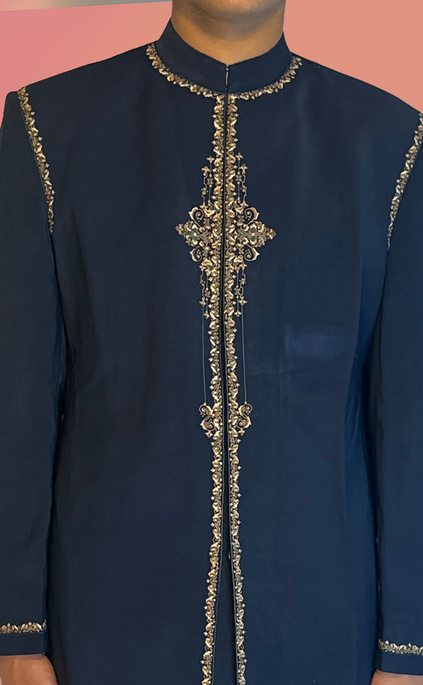 Navy Blue Sherwani with Beige Embroidery | Marigold - An Indian Clothing Rental Company