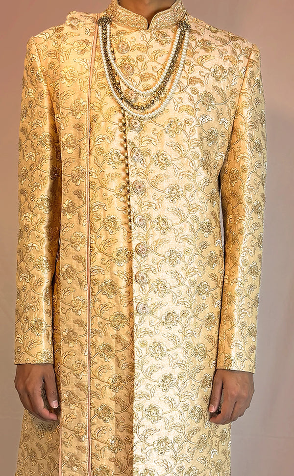 Peachy Pink Heavy Sherwani with Stole | Marigold - An Indian Clothing Rental Company