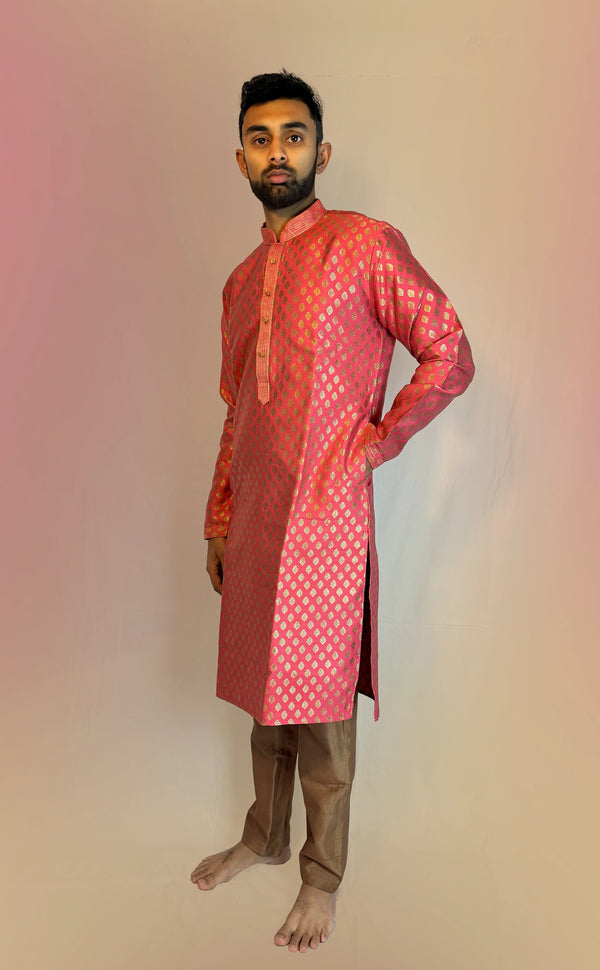 Pink Brocade Kurta Set | Marigold - An Indian Clothing Rental Company