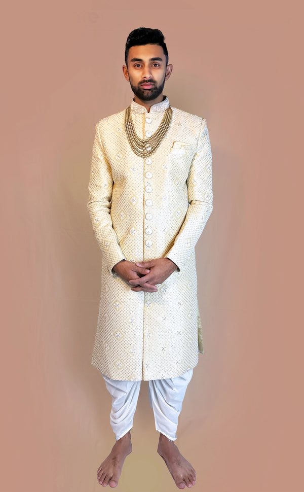 Champaign Sherwani with White Thread and Sequin Embroidery | Marigold - An Indian Clothing Rental Company