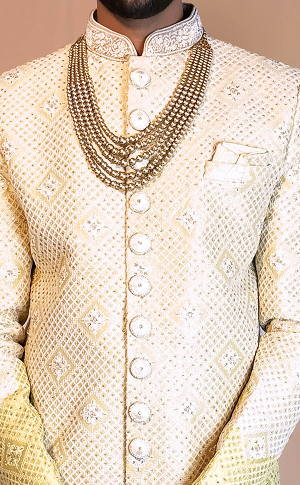 Champaign Sherwani with White Thread and Sequin Embroidery | Marigold - An Indian Clothing Rental Company