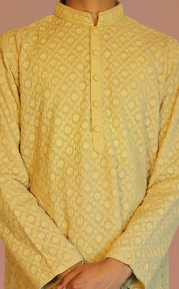Beige Chikenkari Kurta Set | Marigold - An Indian Clothing Rental Company