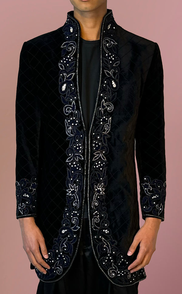 Black Velvet Sherwani with Jardosi Silver Work | Marigold - An Indian Clothing Rental Company