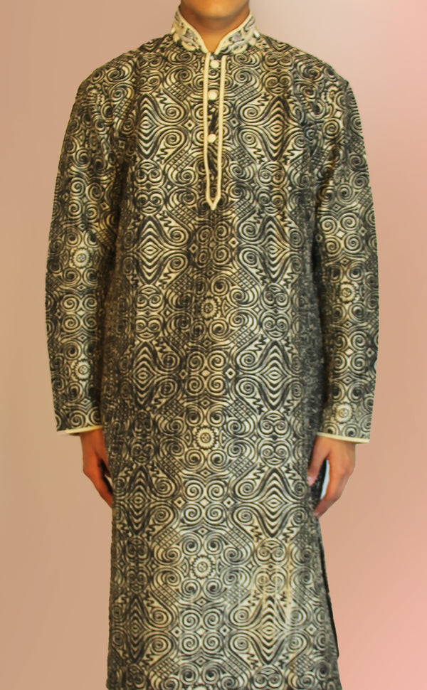 Black and Ivory Printed Kurta Set | Marigold - An Indian Clothing Rental Company