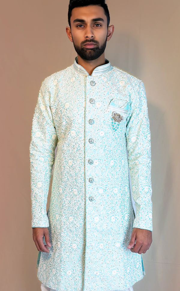 Teal Sherwani with White Threadworm | Marigold - An Indian Clothing Rental Company