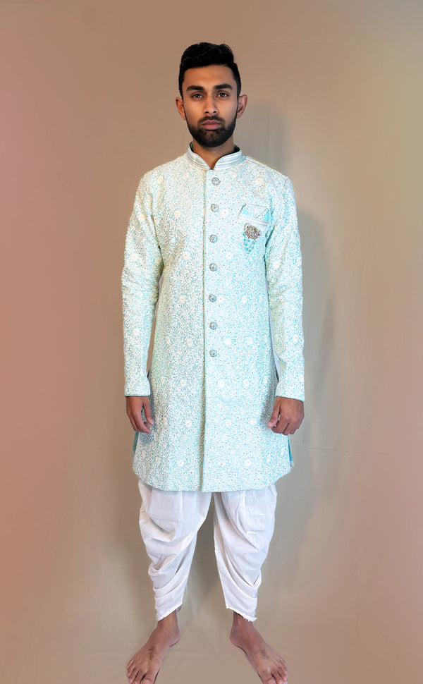 Teal Sherwani with White Threadworm | Marigold - An Indian Clothing Rental Company