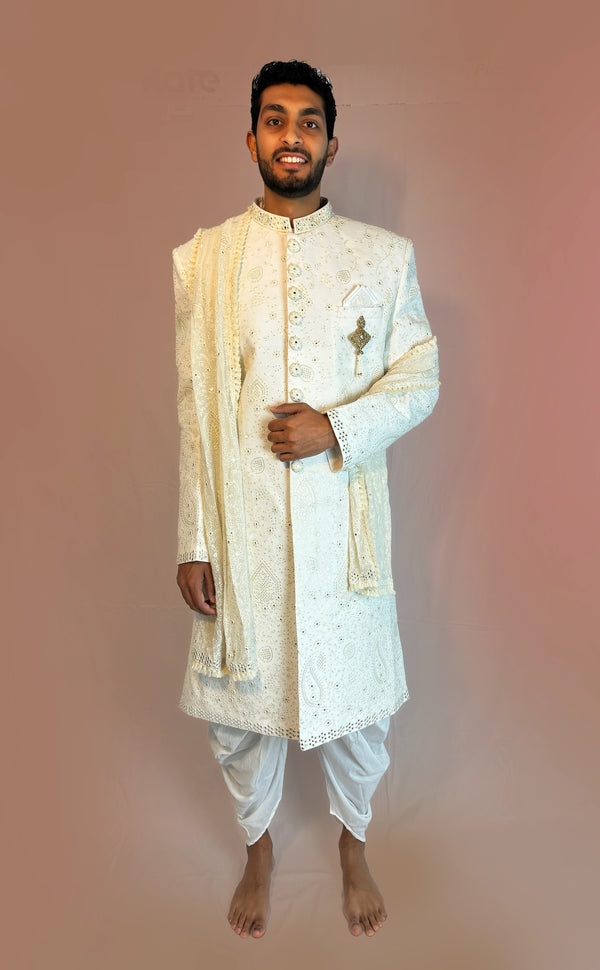 White Chikankari Sherwani | Marigold - An Indian Clothing Rental Company
