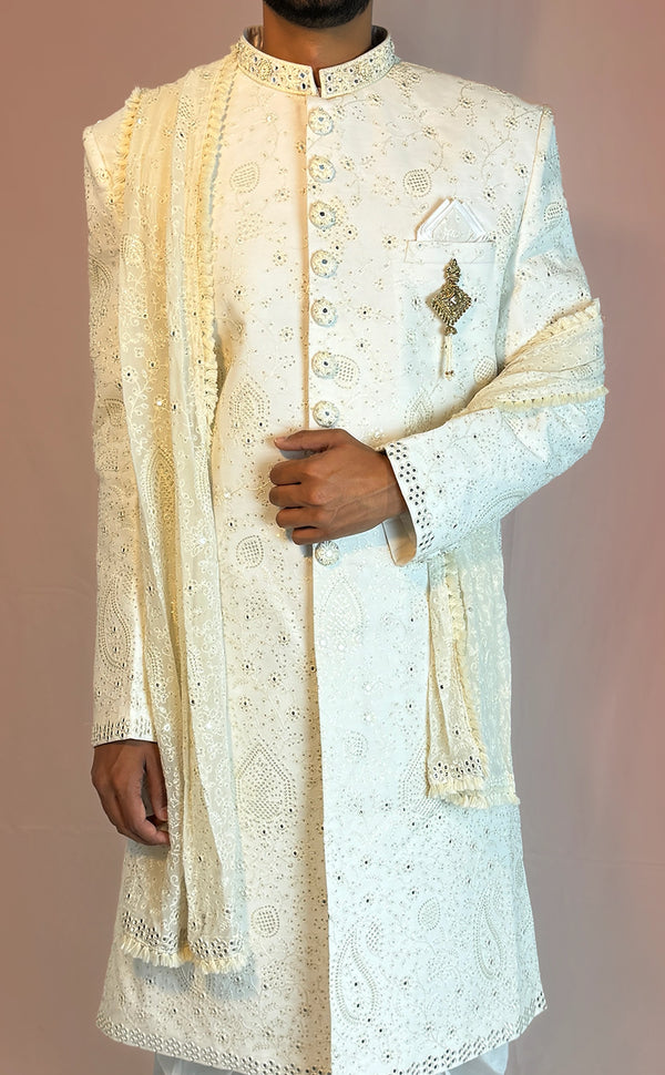 White Chikankari Sherwani | Marigold - An Indian Clothing Rental Company