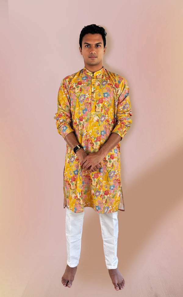 Yellow Floral Kurta | Marigold - An Indian Clothing Rental Company