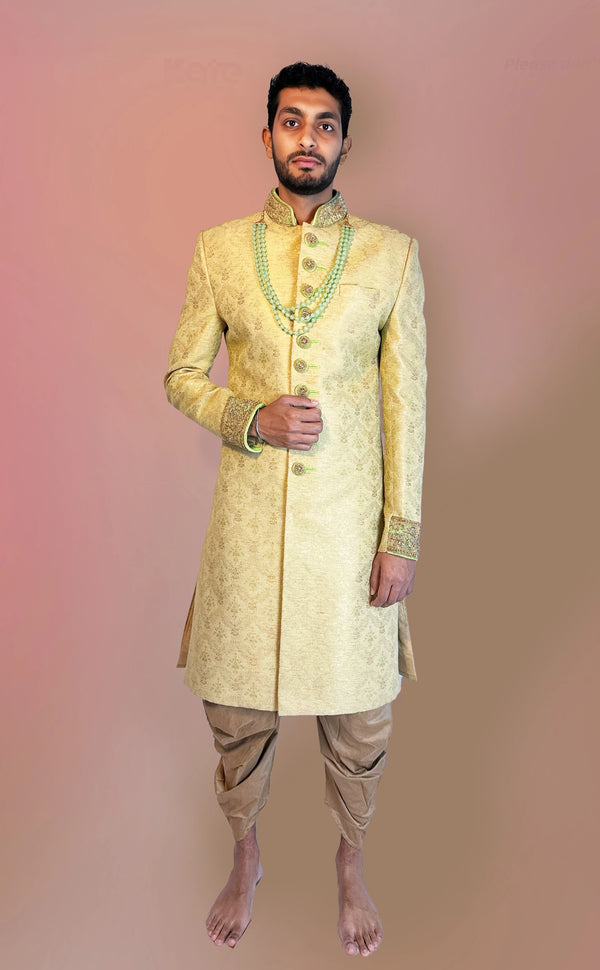 Champaign and Mint Green Sherwani | Marigold - An Indian Clothing Rental Company